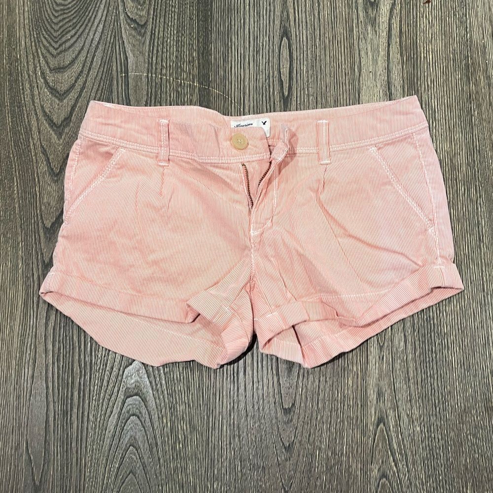 American Eagle Womens Striped Chino Shorts Mid Rise Flat Front Light Pink Size 4